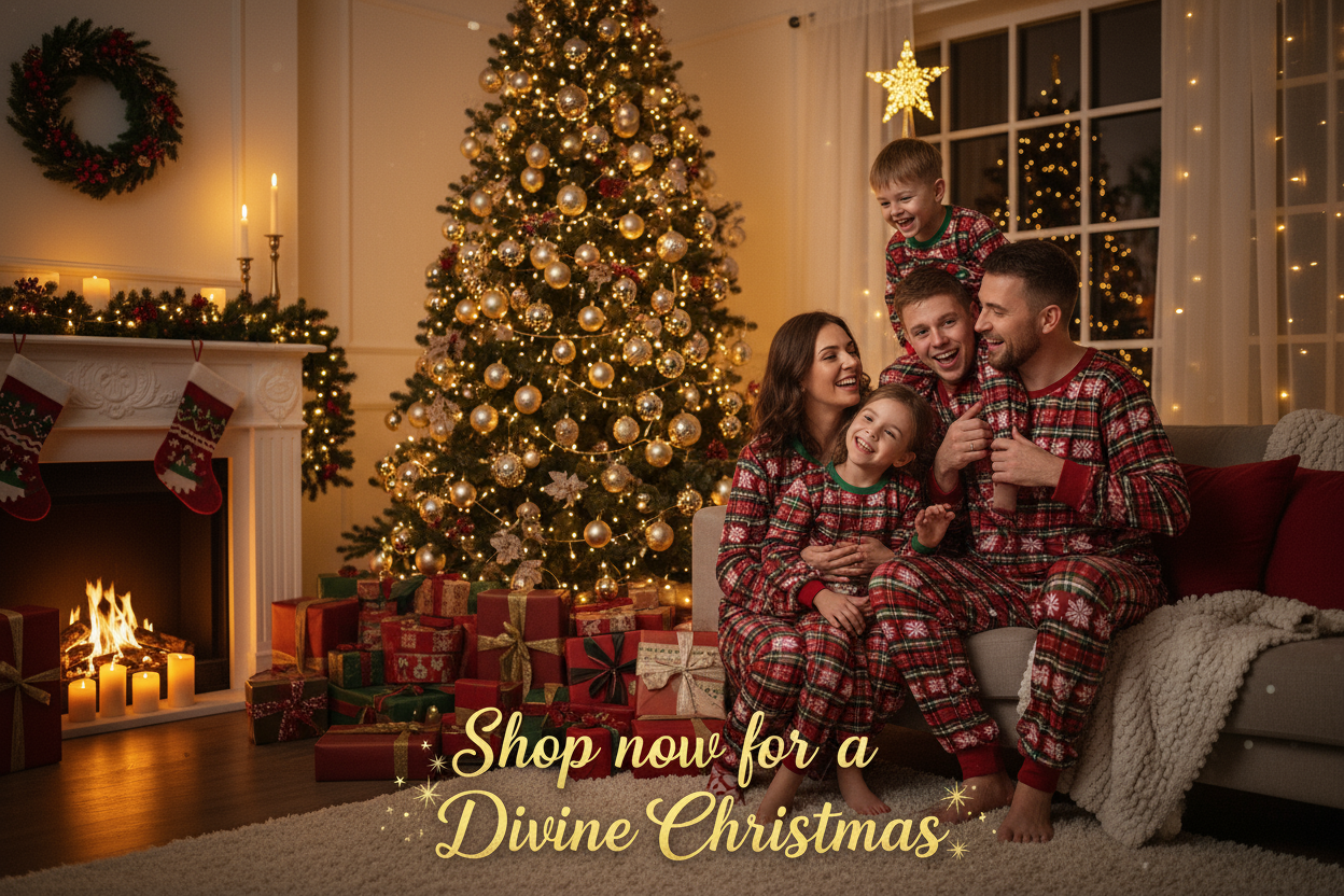 create a happy family christmas video showing a family wearing same christmas pajamas with the caption "Shop now for a Divine Christmas"